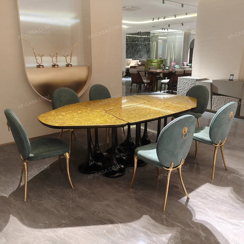 Gilded Crackle Dining Table with Fluid Black Pedestals